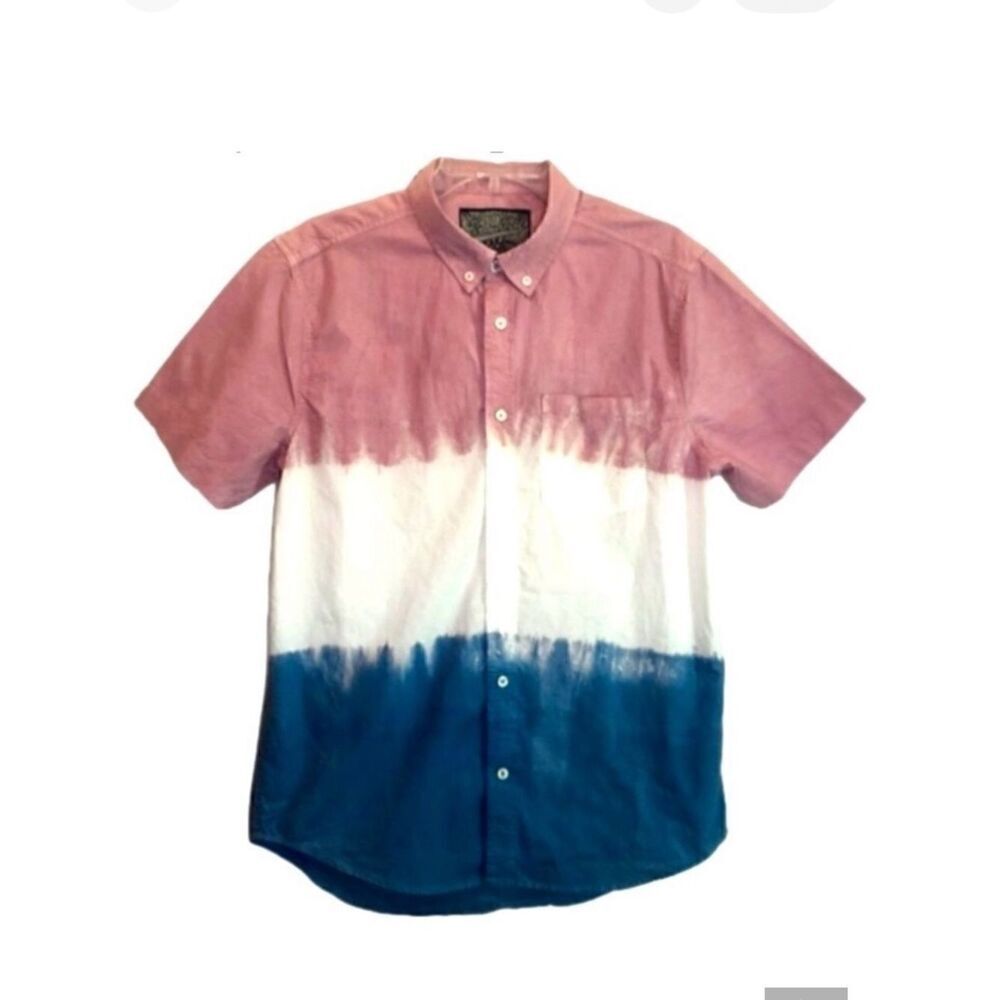 Brooklyn Cloth Tricolor Dyed Short Sleeve Button Down in Pink/White/Blue Men’s M